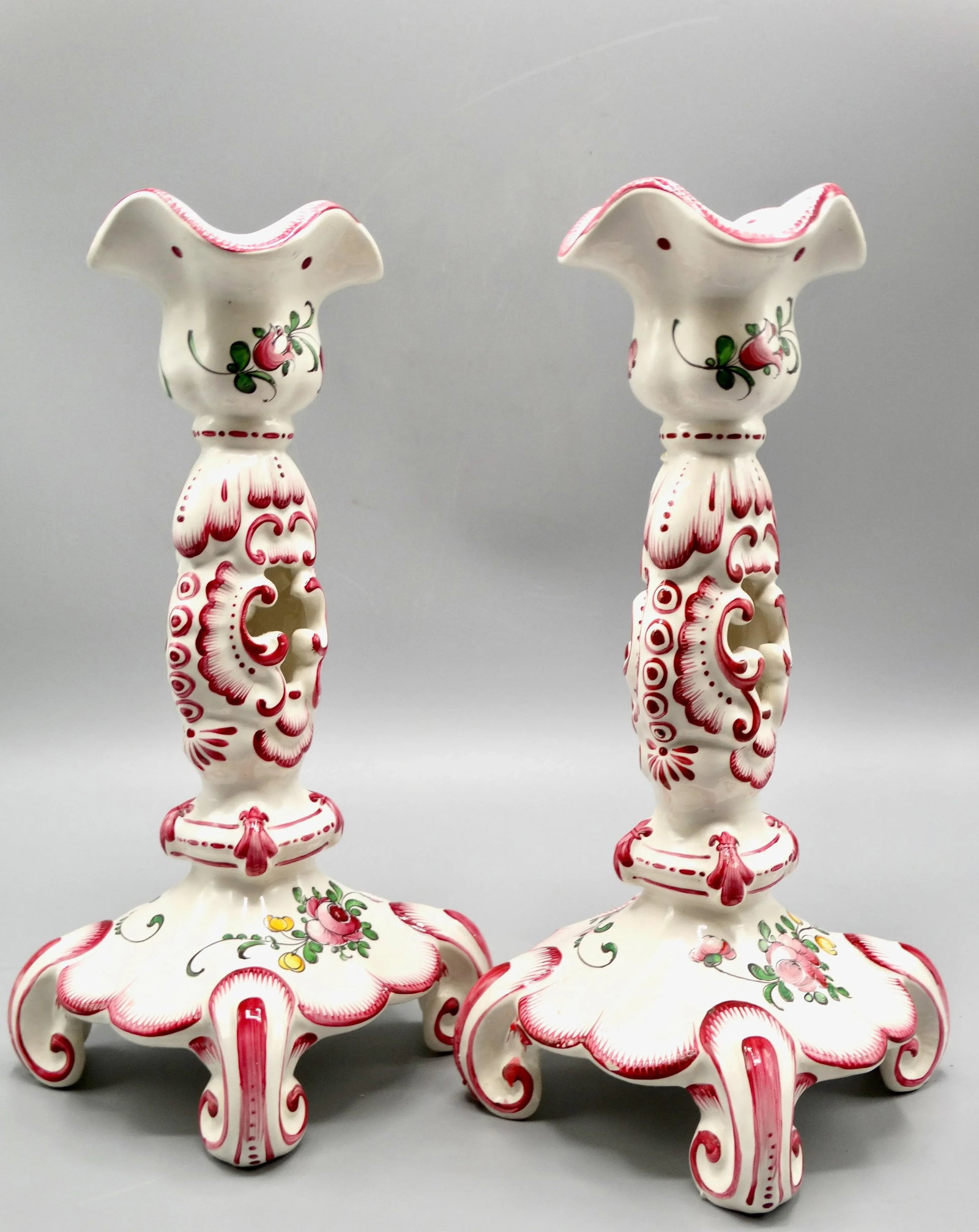 Early French Hand Painted Faience Candlesticks, a Pair - 5