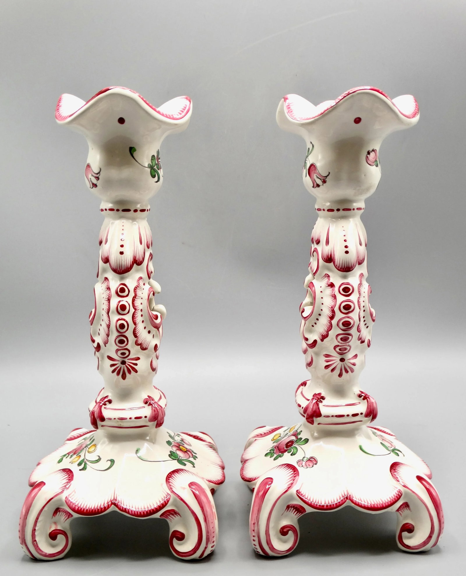 Early French Hand Painted Faience Candlesticks, a Pair - 7
