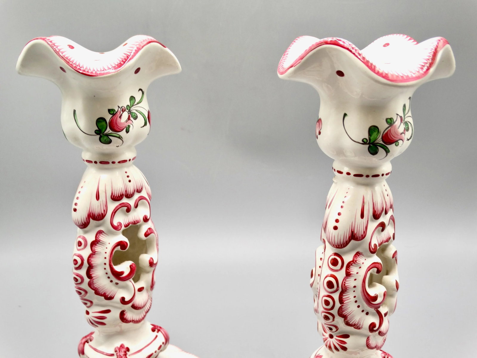 Early French Hand Painted Faience Candlesticks, a Pair - 8