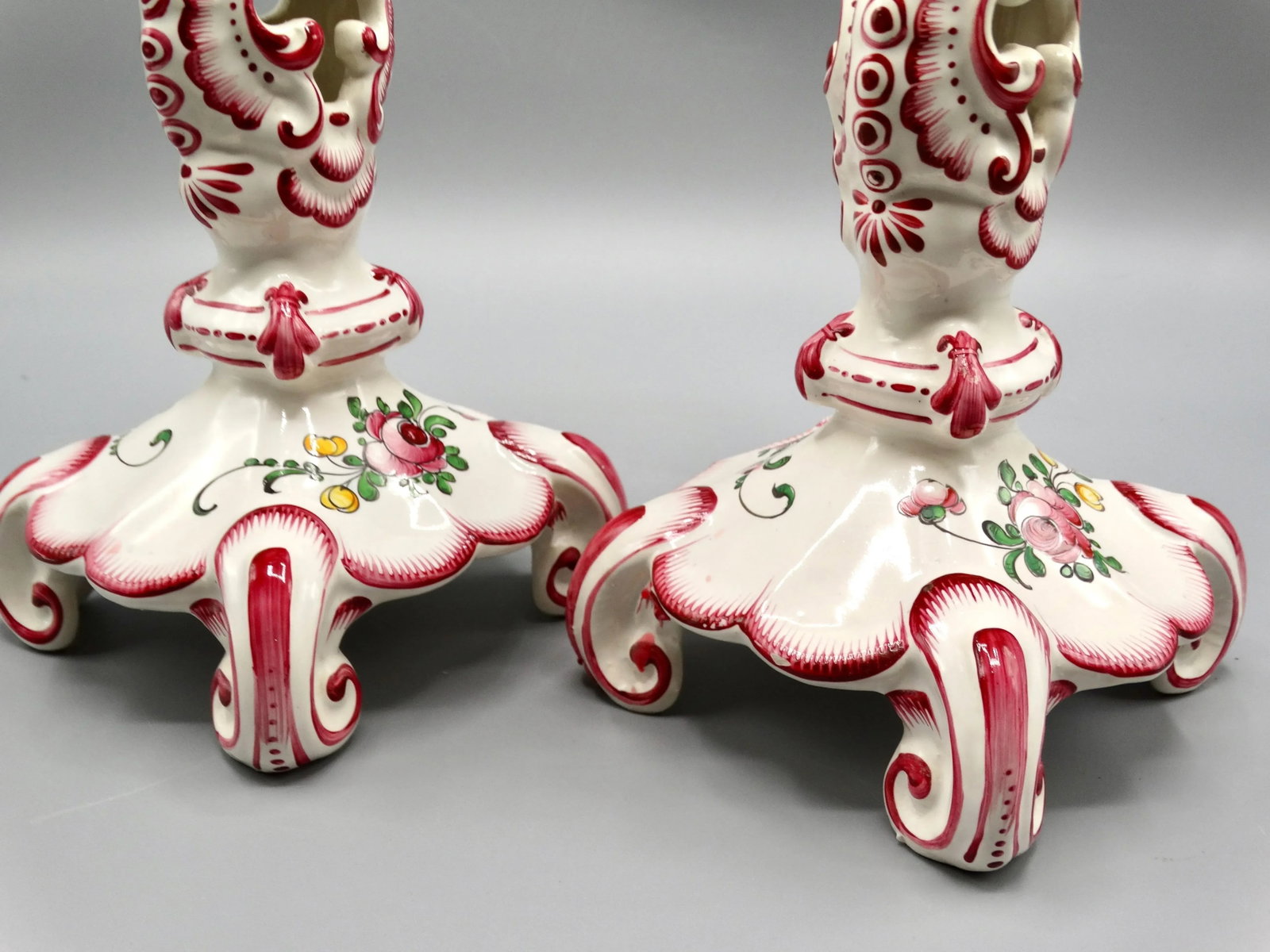 Early French Hand Painted Faience Candlesticks, a Pair - 9