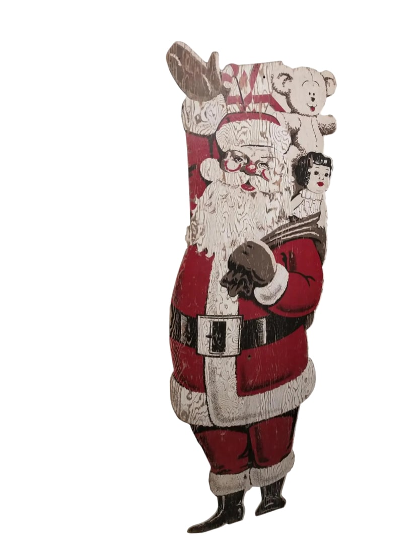 Folk Art 20th Century Santa Claus Christmas Wood Outdoor Display: Vintage original old Santa Claus. Made of wood. Outdoor piece. Has Victorian toys in his bag. Has paint loss and wear Repaint to your colors Condition: Alterations: Unknown Imperfections: Some
