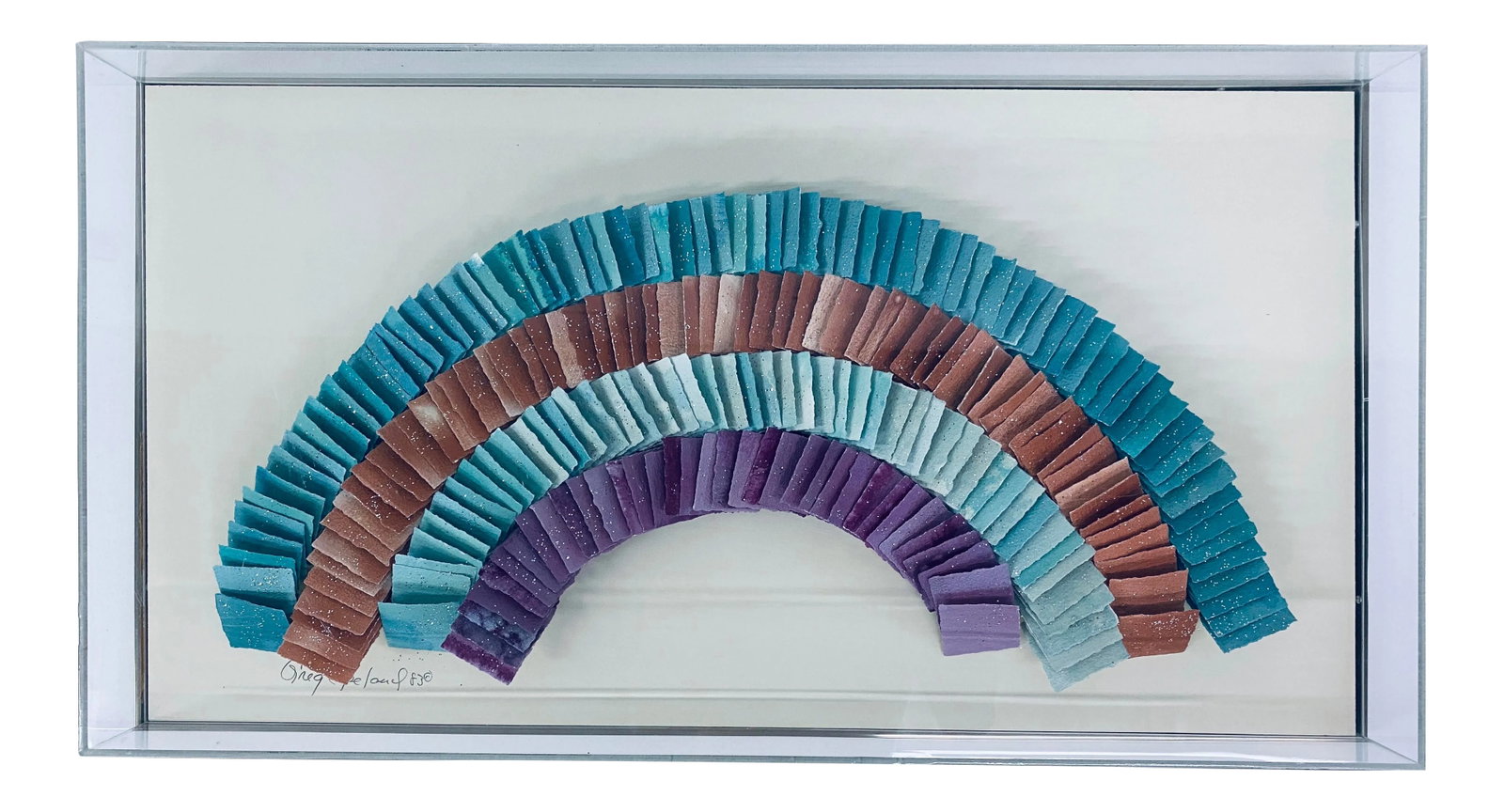 Greg Copeland Dimensional Wall Art Sculpture, 1980s: Dimensional wall art sculpture in lucite / acrylic box with brushed brass frame by Greg Copeland. Singed in pencil on front retains original Greg Copeland sticker on verso. 1983 Condition: Alterations