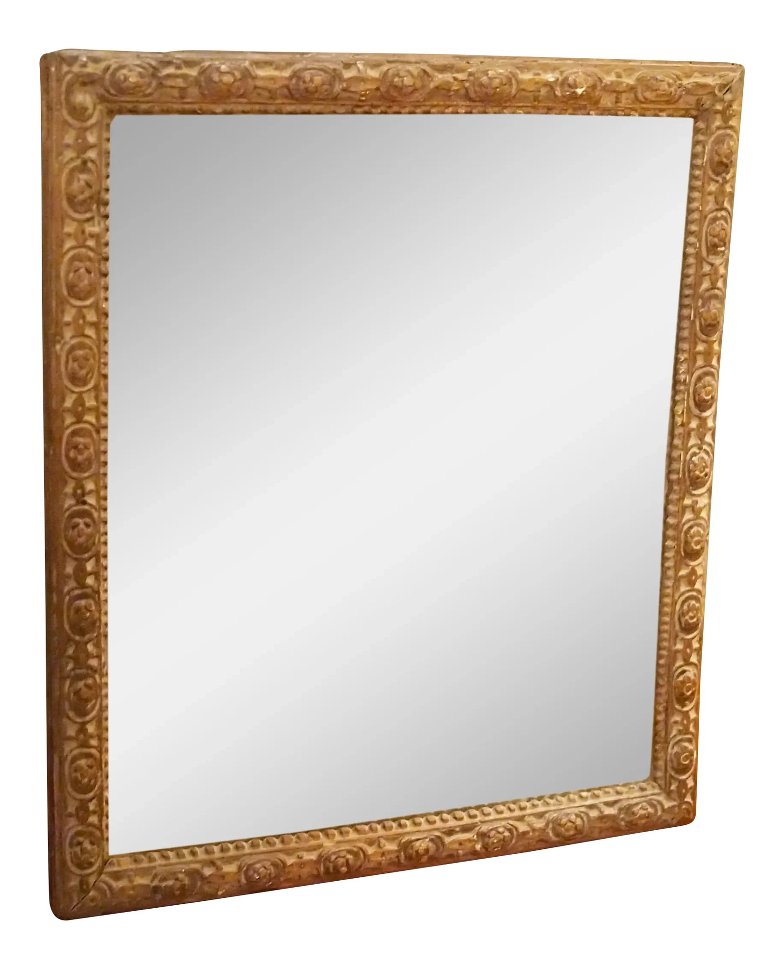 Petit Late 17th Century Berain Mirror: A petit 17c. provincial Berain style mirror, the frame carved with intricate ovals forming a chain. Glass original. Condition: Alterations: Original Condition Unaltered Imperfections: Some