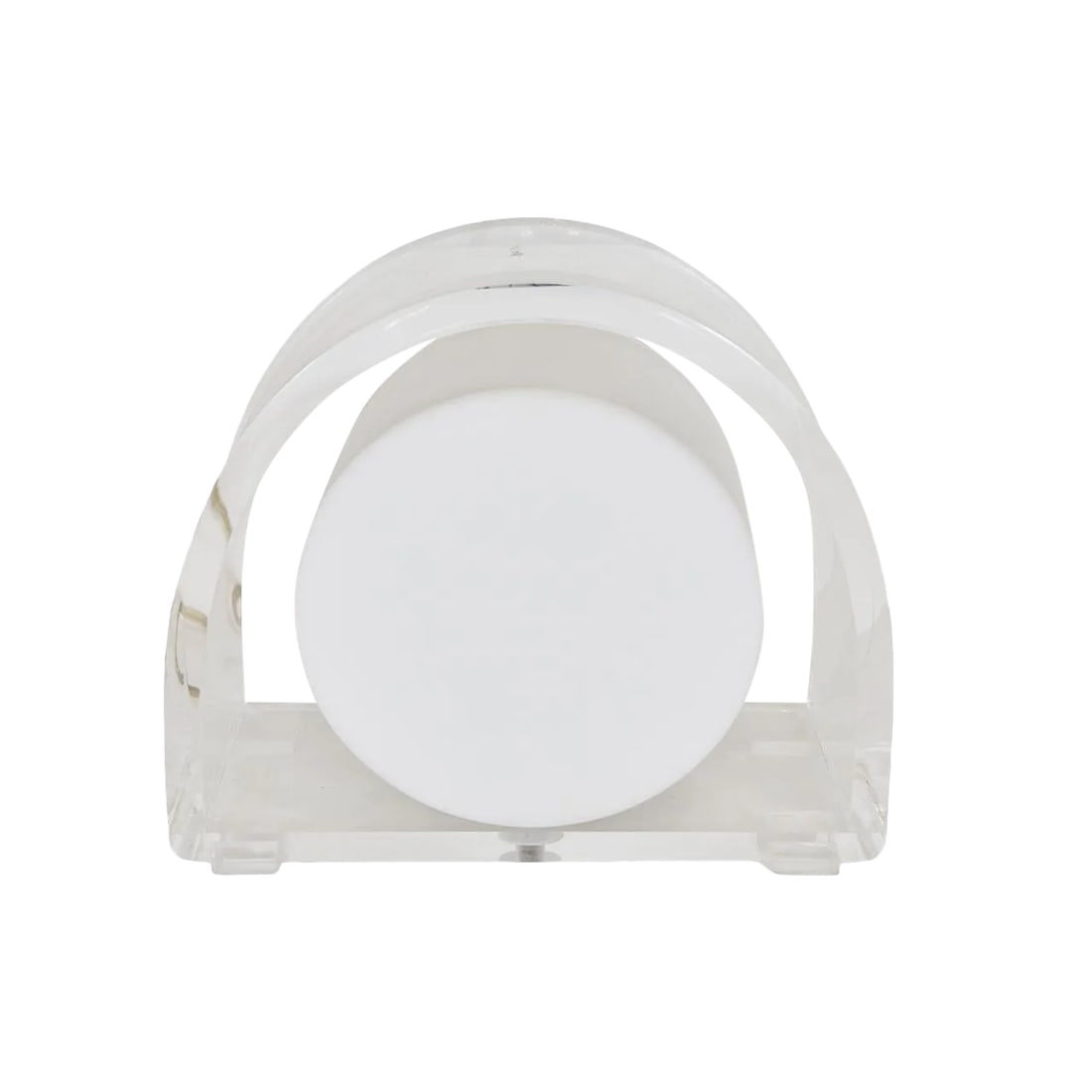 1970s Lucite Demilune Lamp by Ritts Company: This exquisite demilune lucite lamp is made by the Ritts Company. The lamp has a milk lucite circular light fixture set in a lucite base. It has the original chord and is in working condition.