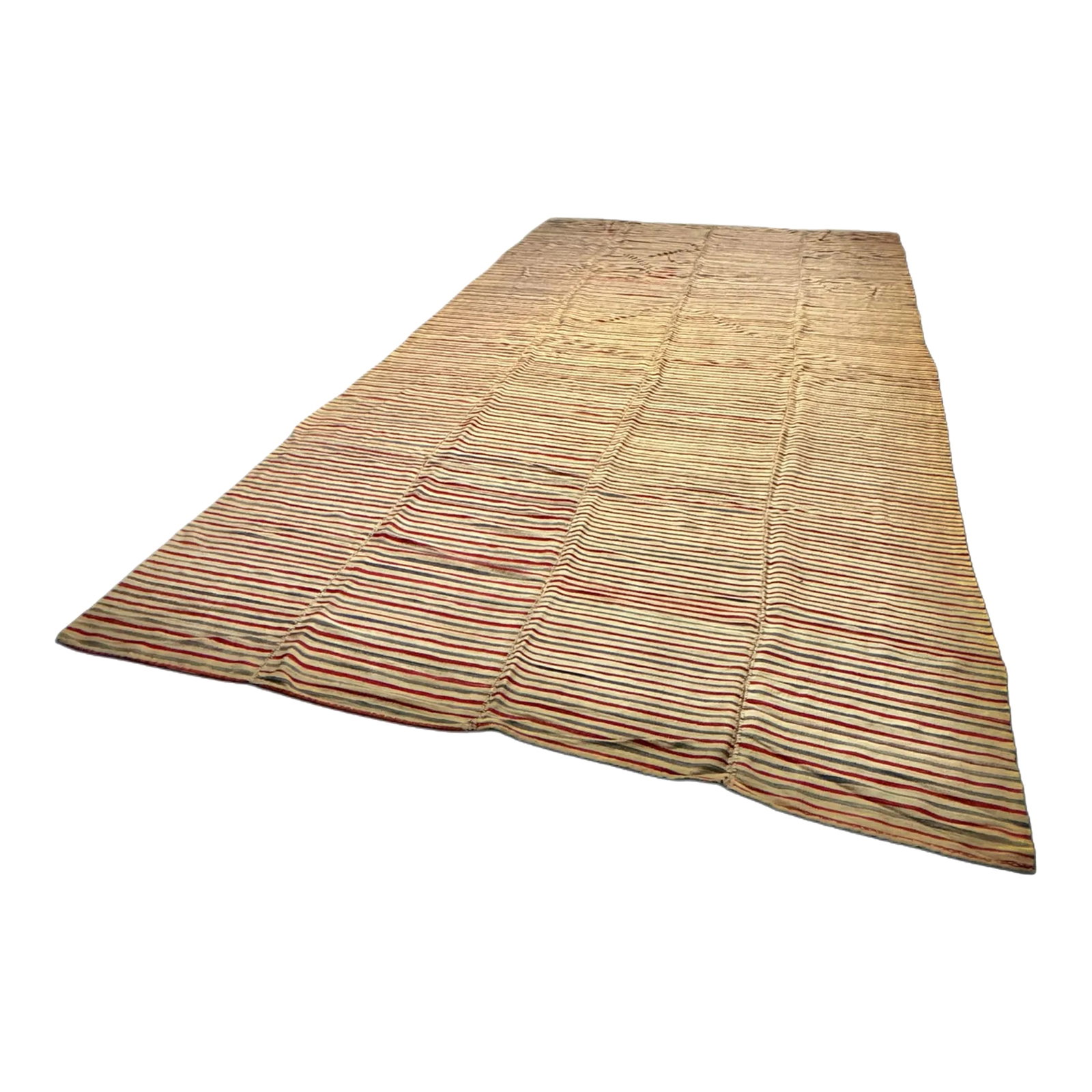 Vintage Red, White, & Blue Mazandaran Rug: An oversized wool carpet with panels stitched together by hand. Condition: Alterations: Original Condition Unaltered Imperfections: Some Imperfections Condition Notes: Shows signs of wear Materials &a