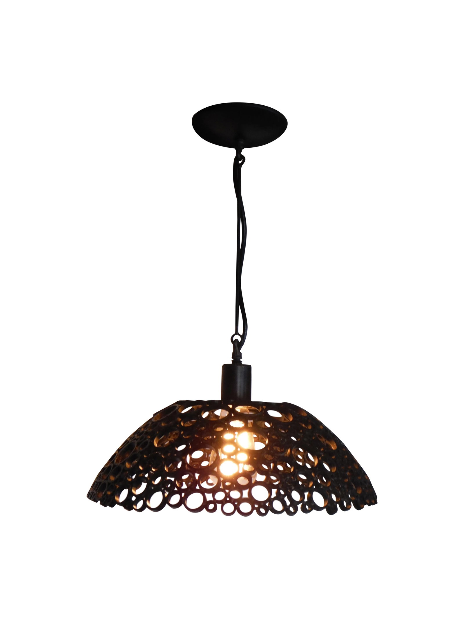 Contemporary Steel Pendant Light: Inspired by the work of Queens's lamp designer Louis comfort Tiffany this pendant associates steel, bronze and light for a stunning filtering effect. Antic black finish with clear sealer Includes a 60