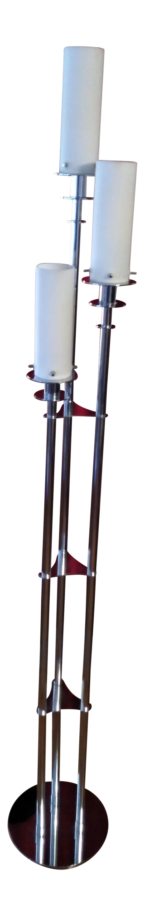1980s Mid Century Style Three Arm Floor Lamp: This statuesque 1980s chrome and glass lamp stands at71" tall it commands attention yet has fine lines and will go with Modern, Mid Century Contemporary style Decor This lamp's weight will attest
