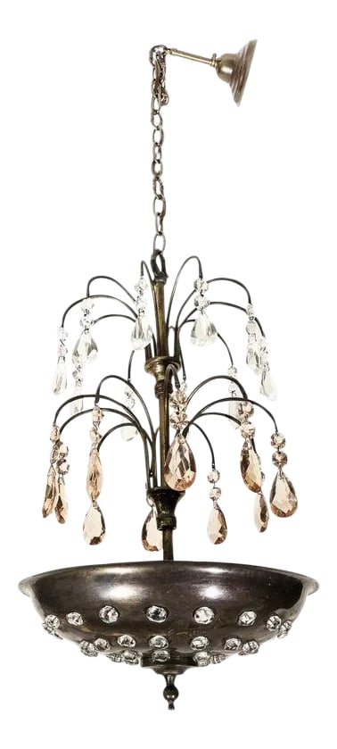 Maison Jansen Attrib "Fountain" Chandelier Art Deco: This stylish and chic Maison Jansen attributed Art Deco "fountain" chandelier dates to the 1930s. The piece is fabricated in patinated bronze, brass and crystal. The design illuminates the ceiling
