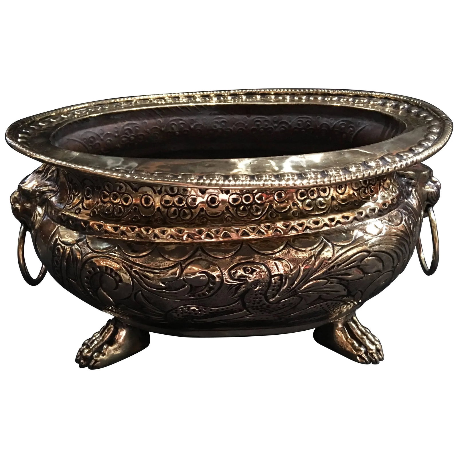 French Polished Brass Lion Head Ring Handle Jardiniere Claw Feet, 19th Century - 6
