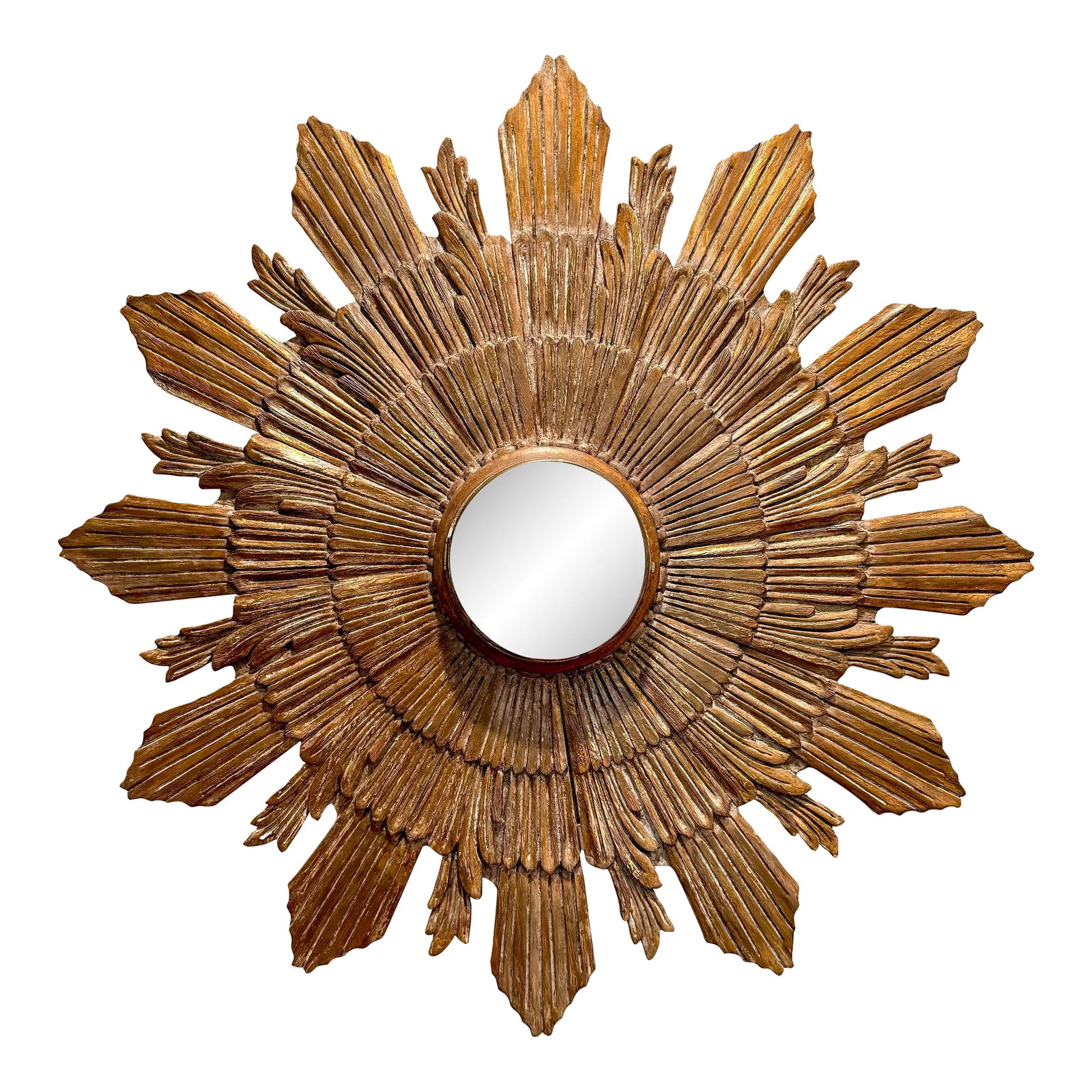 Vintage Round Mirror : Mid- Century Sunburst Gold Gilt Wood Mirror With Hidden Clock: Unusual, Beautifully wood carved and giltwood mid century vintage sunburst mirror, with hidden clock face. Hands are missing (see photo) 31" diameter by approx 4" deep. Clock face is concealed by