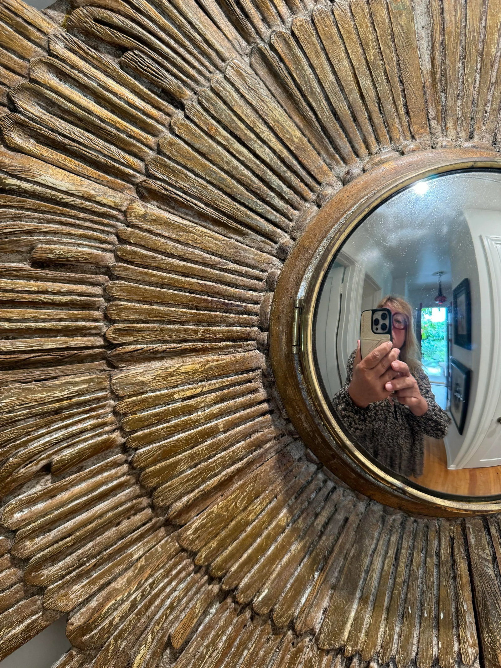 Vintage Round Mirror : Mid- Century Sunburst Gold Gilt Wood Mirror With Hidden Clock - 3