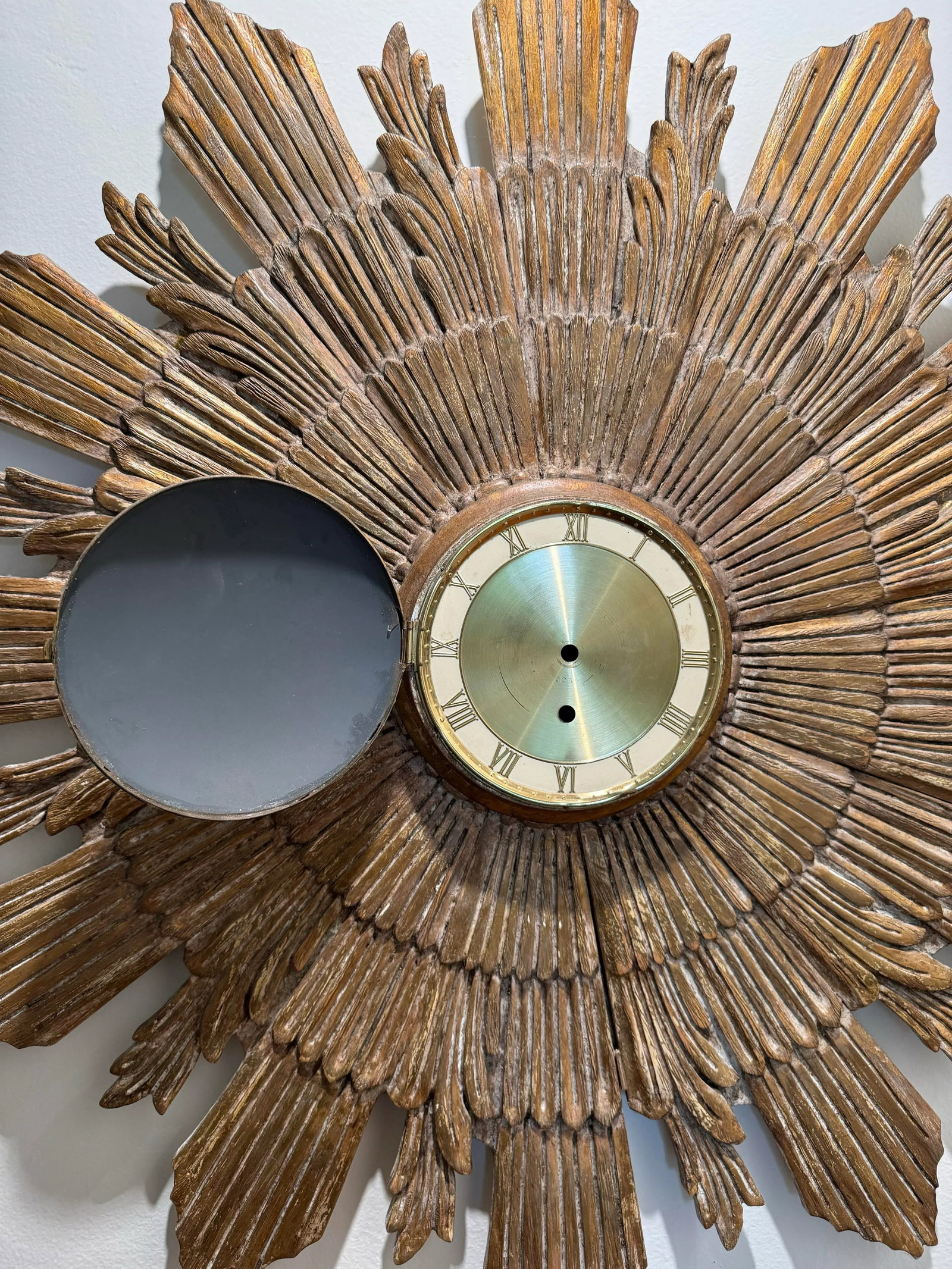 Vintage Round Mirror : Mid- Century Sunburst Gold Gilt Wood Mirror With Hidden Clock - 6