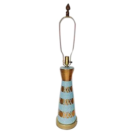 Mid Century Ceramic Table Lamp: Mid Century ceramic table lamp re-wired and working includes new wiring and switch socket, painted base and harp assembly. No shade. No maker's mark. Circa 1970s. Condition: Alterations: Original
