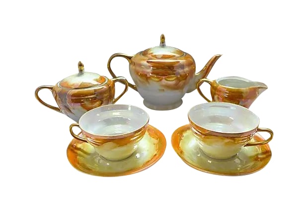 Lusterware Tea for Two Set: 5-Pieces of Czechoslovakian effervescent lusterware. Dimensions: teapot, 10"Dia x 6"H; sugar, 6.5"Dia x 5"H; creamer, 6"Dia x 3.5"H; two cups, 4.5"Dia x 2.25"H; two saucers, 5.5"Dia x .75"H. Maker's