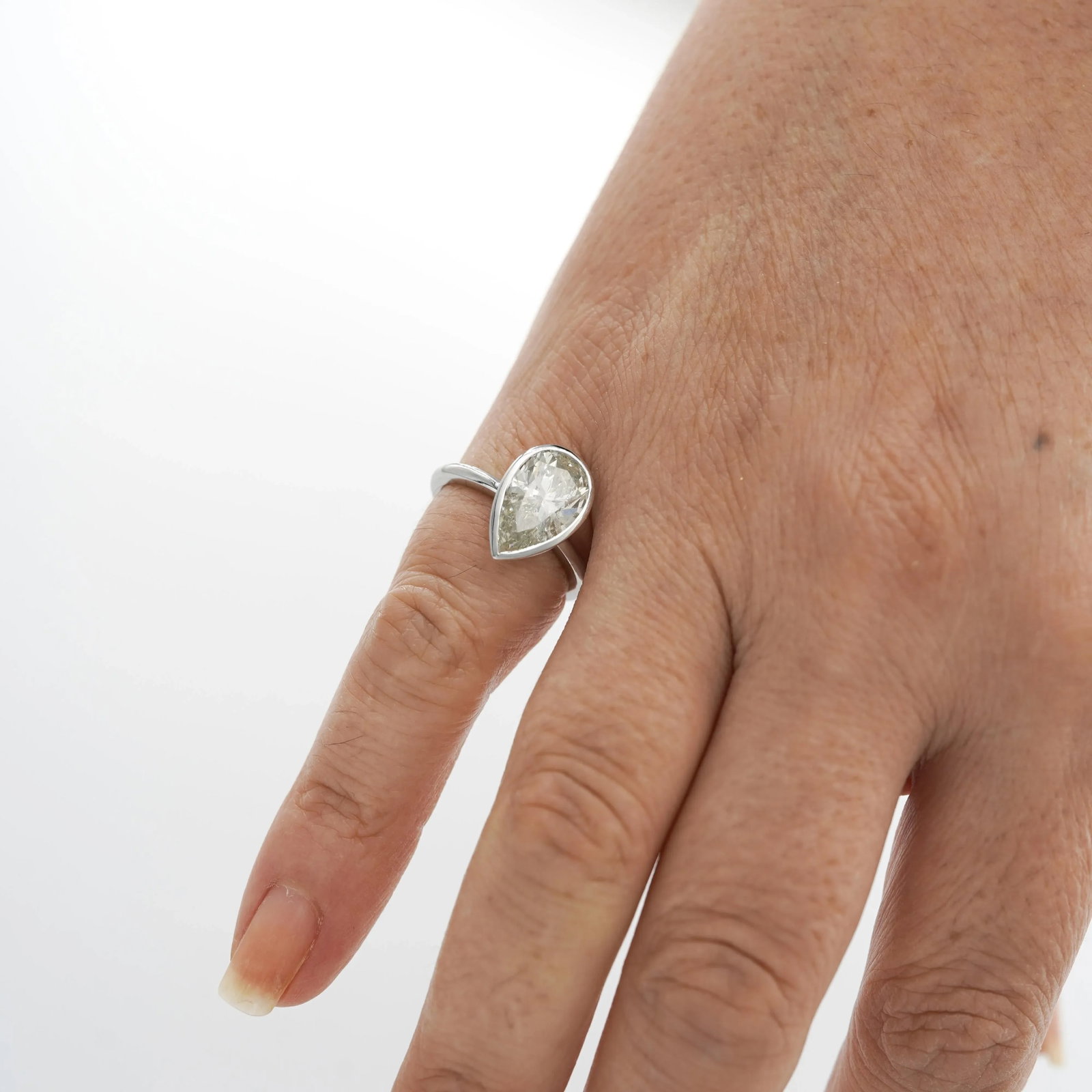 3.09 Carat Diamond Pear-Cut Bezel Set White Gold Solitaire Engagement Ring, Size 6.25 - 6