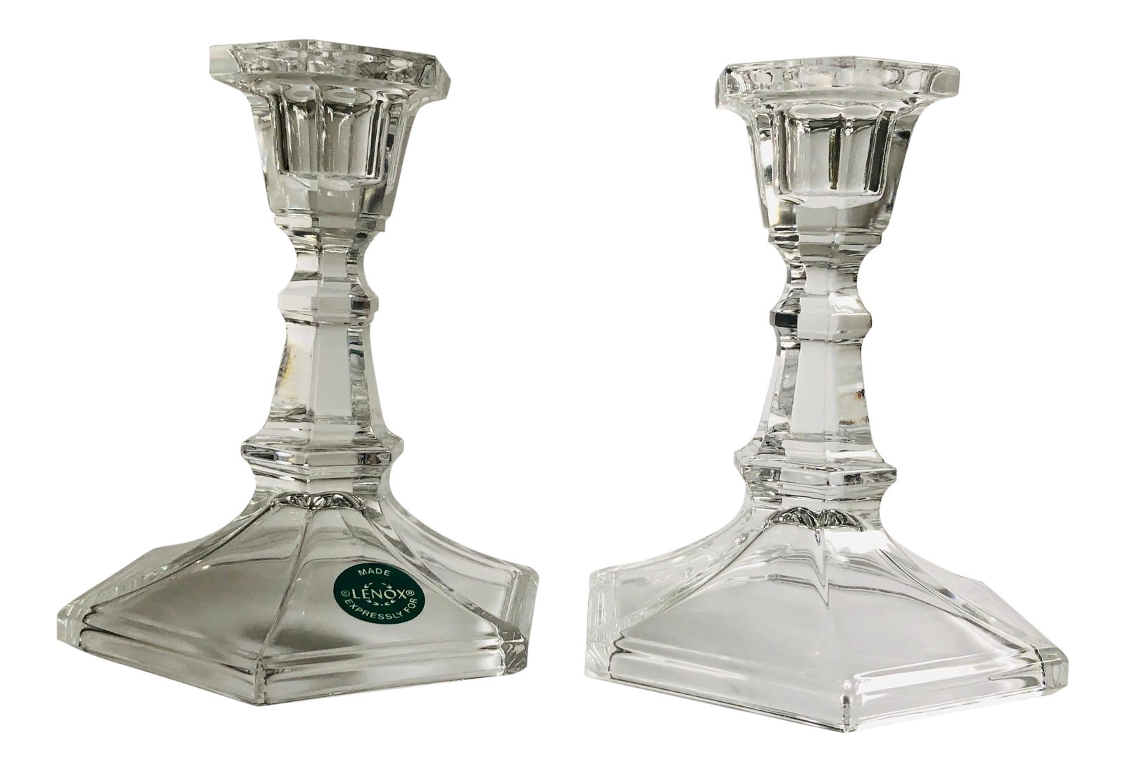 Modern Clear Glass Lenox Made Expressly Candle Holders - a Pair: Modern a pair of clear glass candle holders , makers mark reads " Lenox made expressly " they are in unused condition. 5.15"H X Base 4.5"D Condition: Alterations: Original Condition Unaltered Imperfec