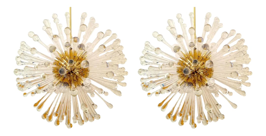 1960s Golden Venetian Glass Dandelion Chandeliers - a Pair: A beautiful brass and blown glass chandelier with over 160 glass elements. Twelve-light sources. Restored. Originally installed in an Italian resort. Rewired. A longer chain or pole provided if