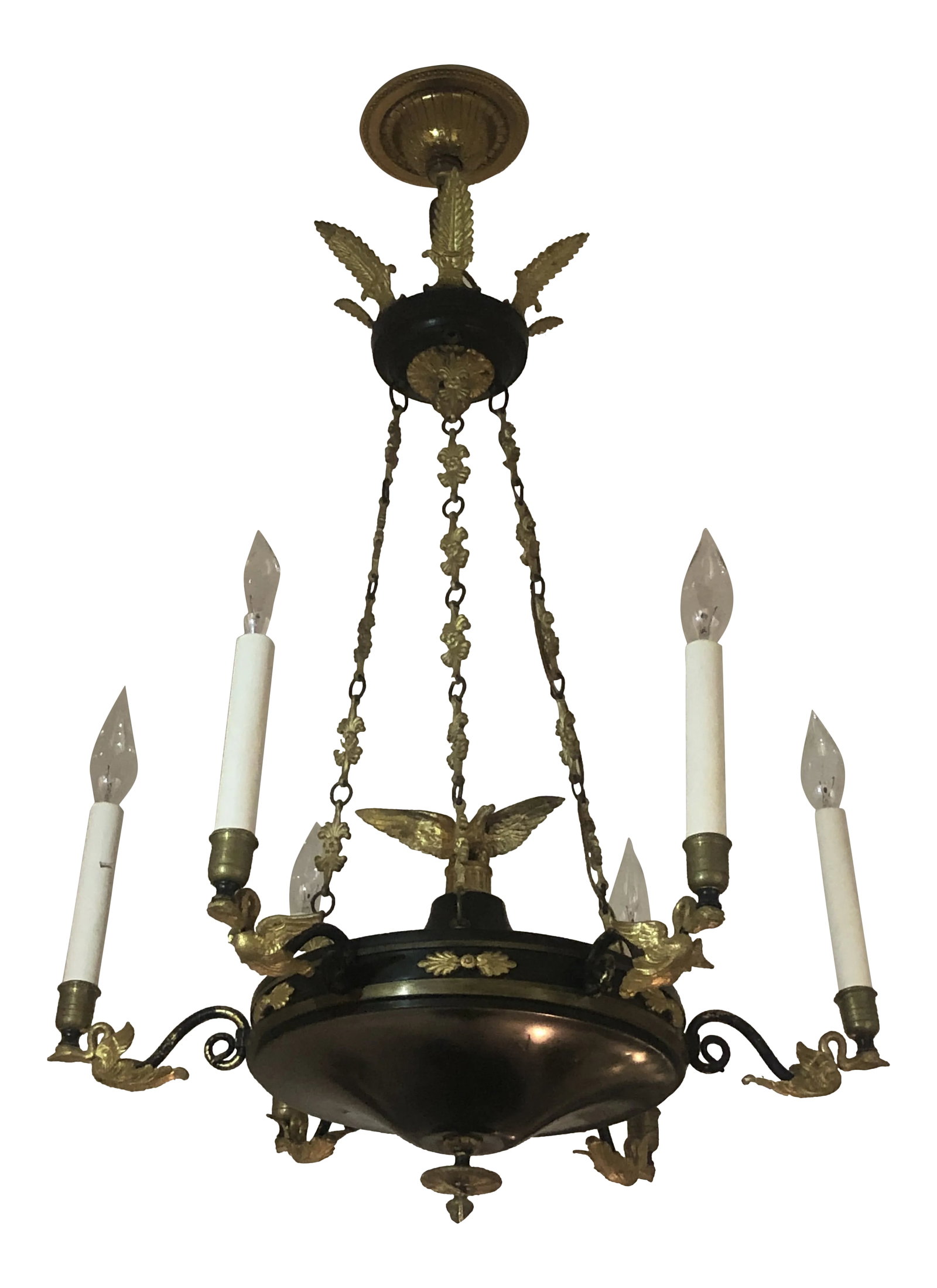 Vintage Empire Style Black, Polychrome and Bronze Chandelier With 6 Lights: Empire style black, polychrome and bronze chandelier with 6 lights. Featuring wonderful carved bronze swans that sway out on the sides and a bronze eagle on the center top of the chandelier. Canopy in