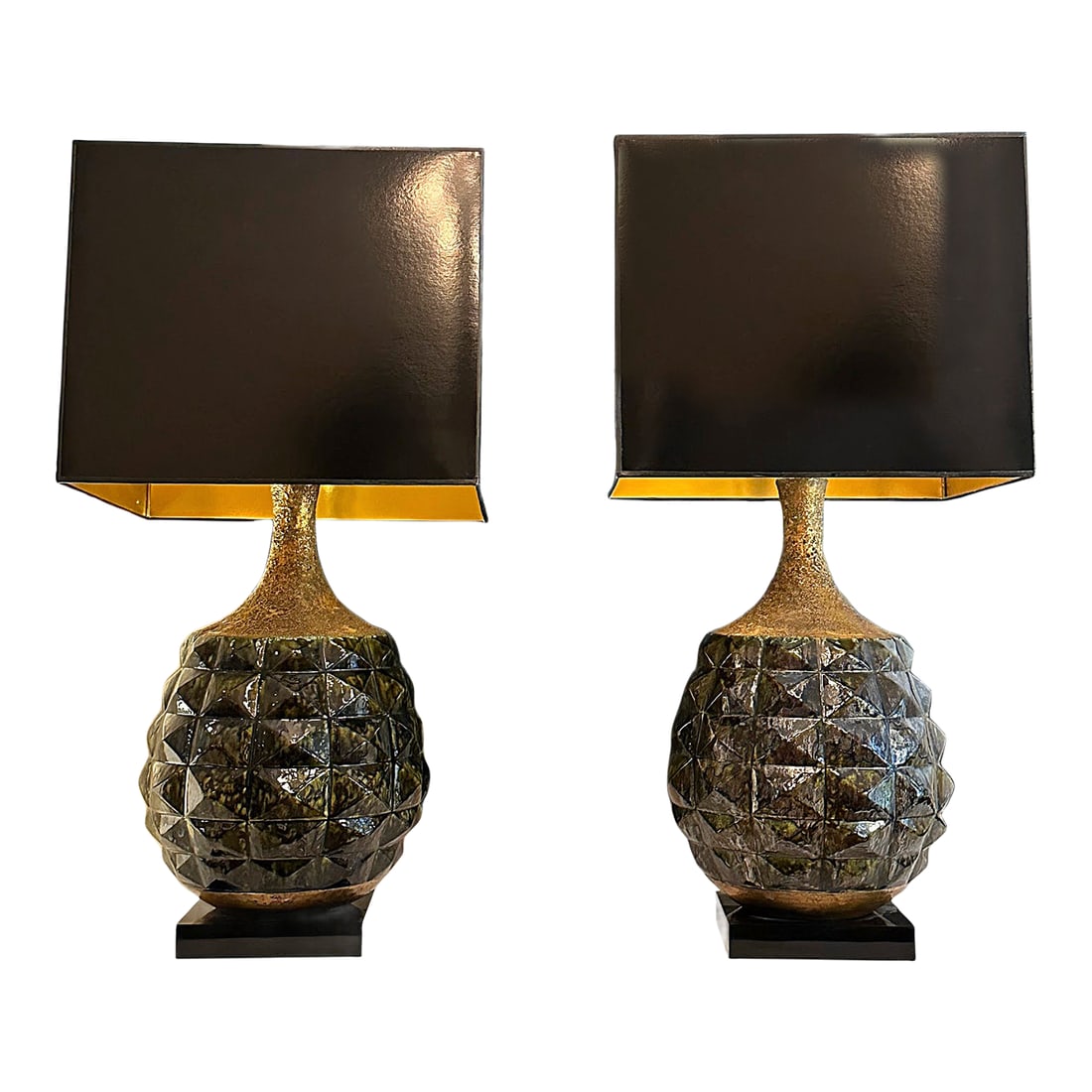 1970s Large Scale Fat Lava Pottery Lamps, a Pair: These oversized rare lamps are like no other! The thick/fat crusty volcanic glaze at the top around the tapered neck reflects the texture and warm gold glow when the lamps are lit. The main brutalist