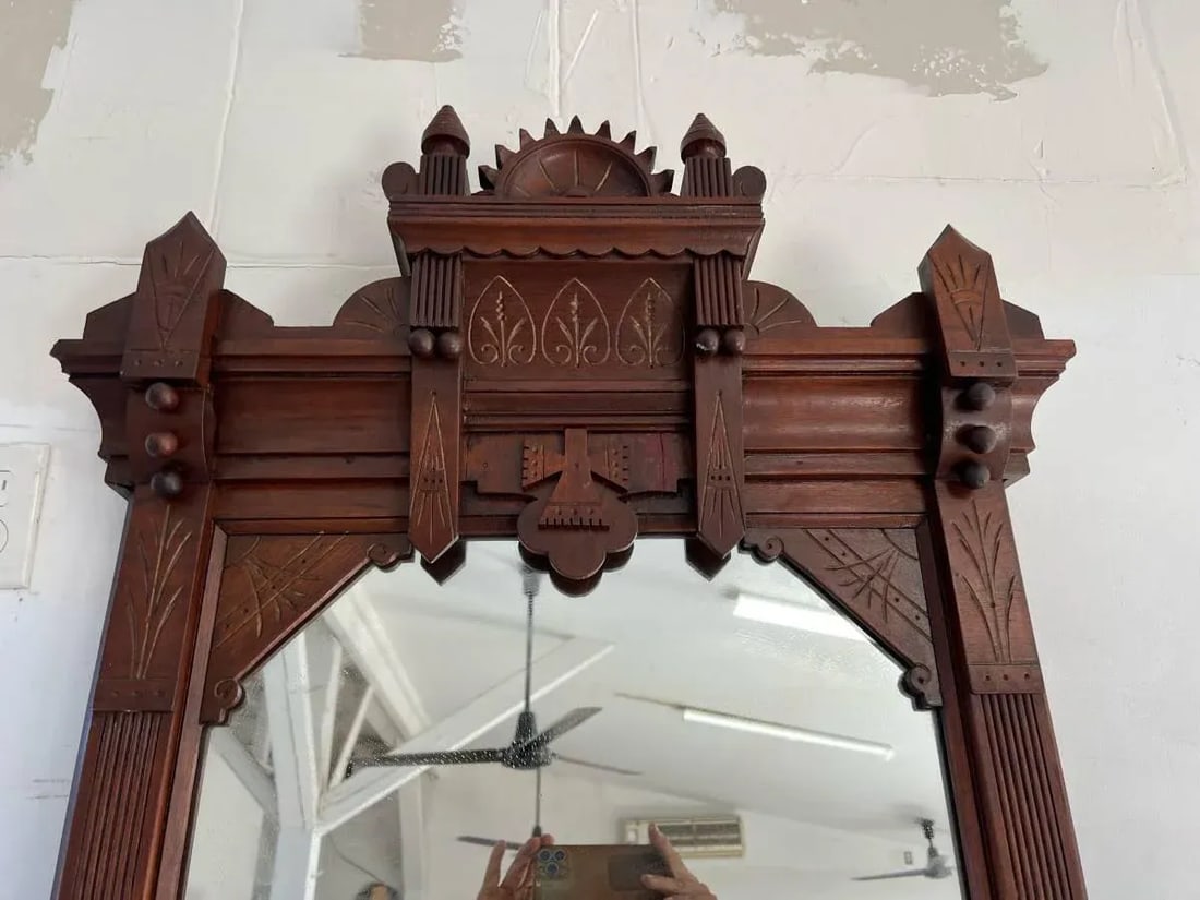 Antique Victorian Eastlake Style Hall Pier Hall Mirror With Shelf - 5