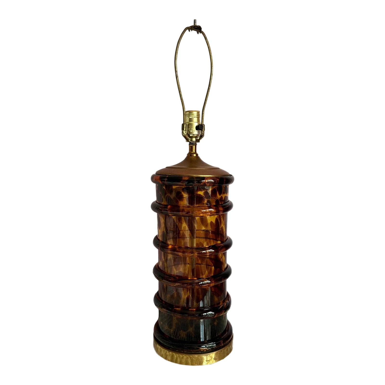 Vintage Paul Hanson Column Glass Tortoiseshell Spiral Lamp: Vintage Paul Hanson column lamp with tortoiseshell glass. Original Paul Hanson sticker located on socket. Measures approximately: 20" tall to top of socket; 27.5" to top of harp Base is 7.25" wide