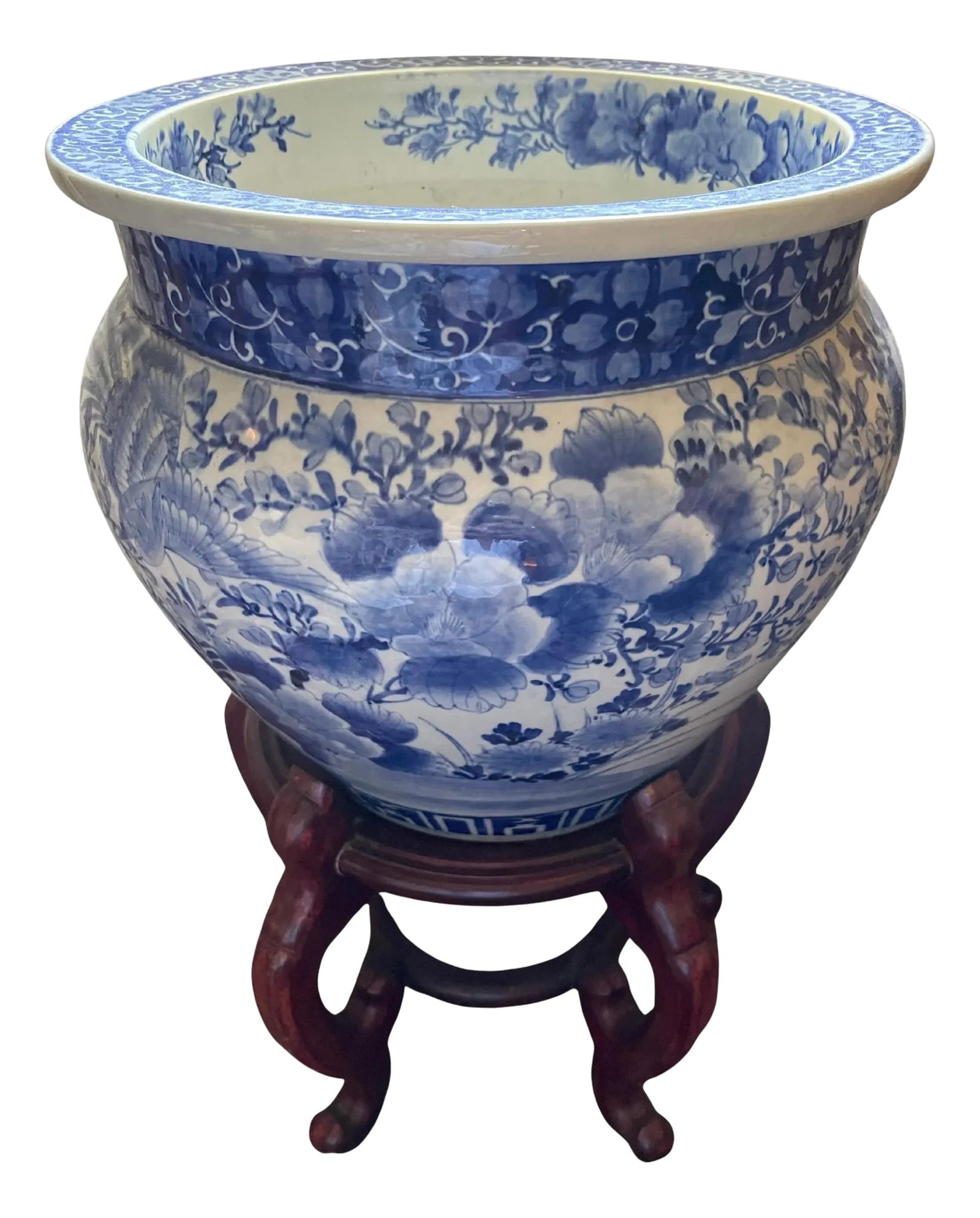 Antique Blue and White Chinese Planter on Wood Stand, 19th Century: Antique Blue and White Chinese Planter on Wood Stand, 19th Century. Total height size including planter and stand is 24.25" Condition: Alterations: Unknown Imperfections: Some Imperfections Condition