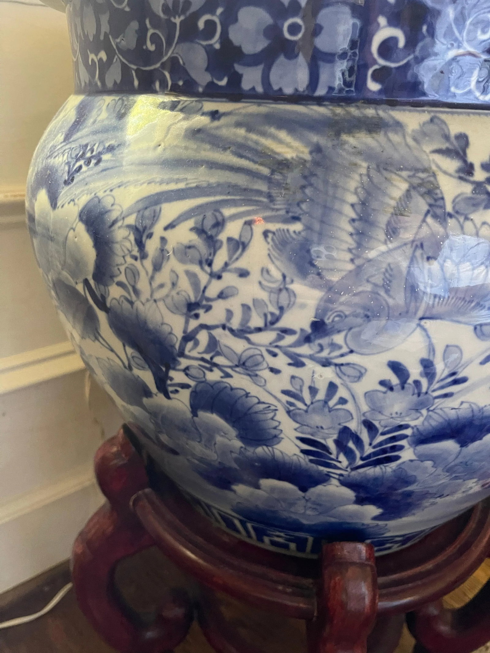 Antique Blue and White Chinese Planter on Wood Stand, 19th Century - 2