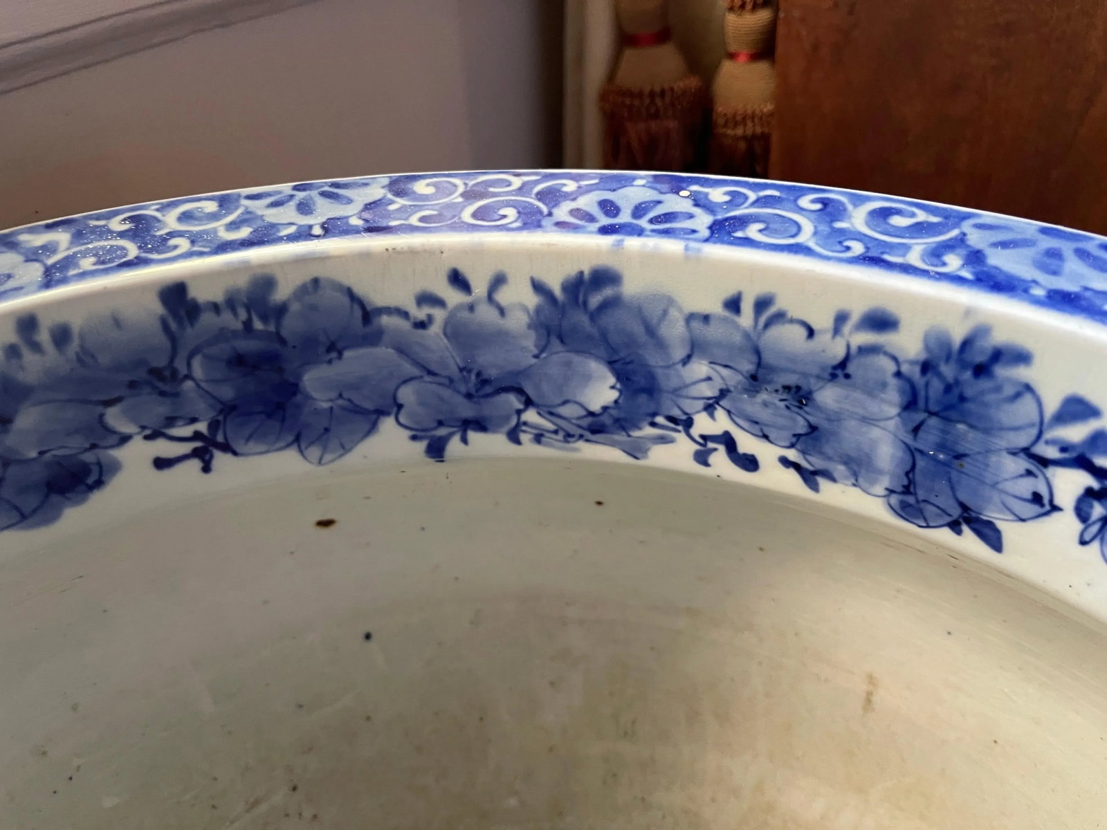 Antique Blue and White Chinese Planter on Wood Stand, 19th Century - 3