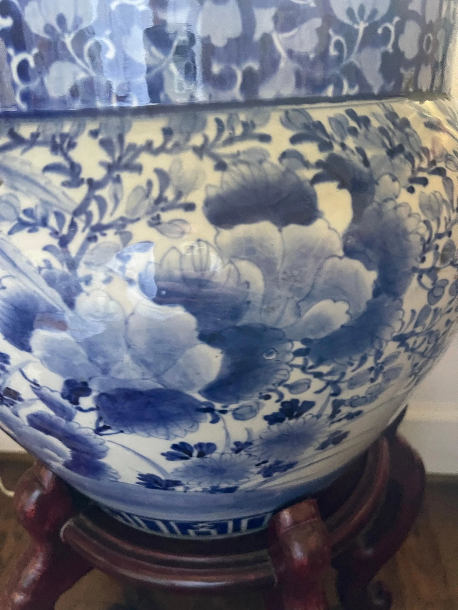 Antique Blue and White Chinese Planter on Wood Stand, 19th Century - 5