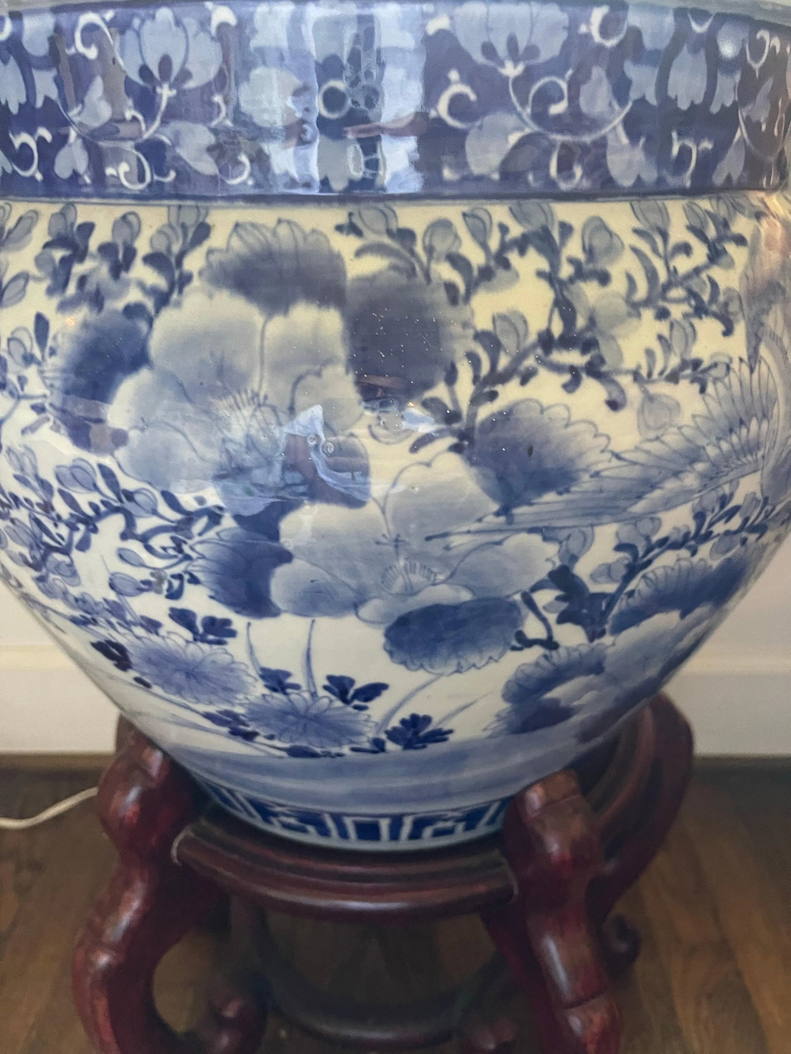 Antique Blue and White Chinese Planter on Wood Stand, 19th Century - 6