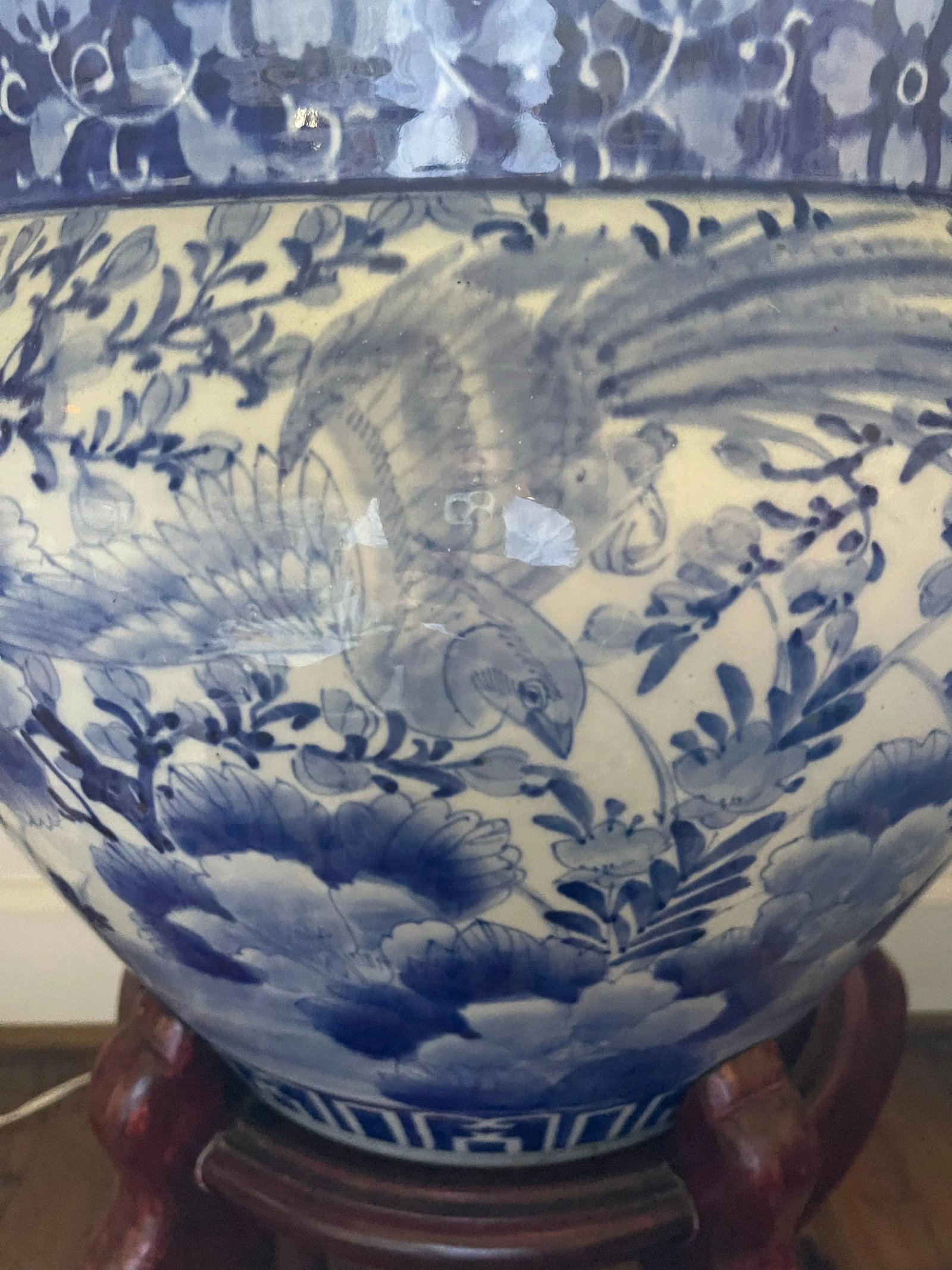 Antique Blue and White Chinese Planter on Wood Stand, 19th Century - 7