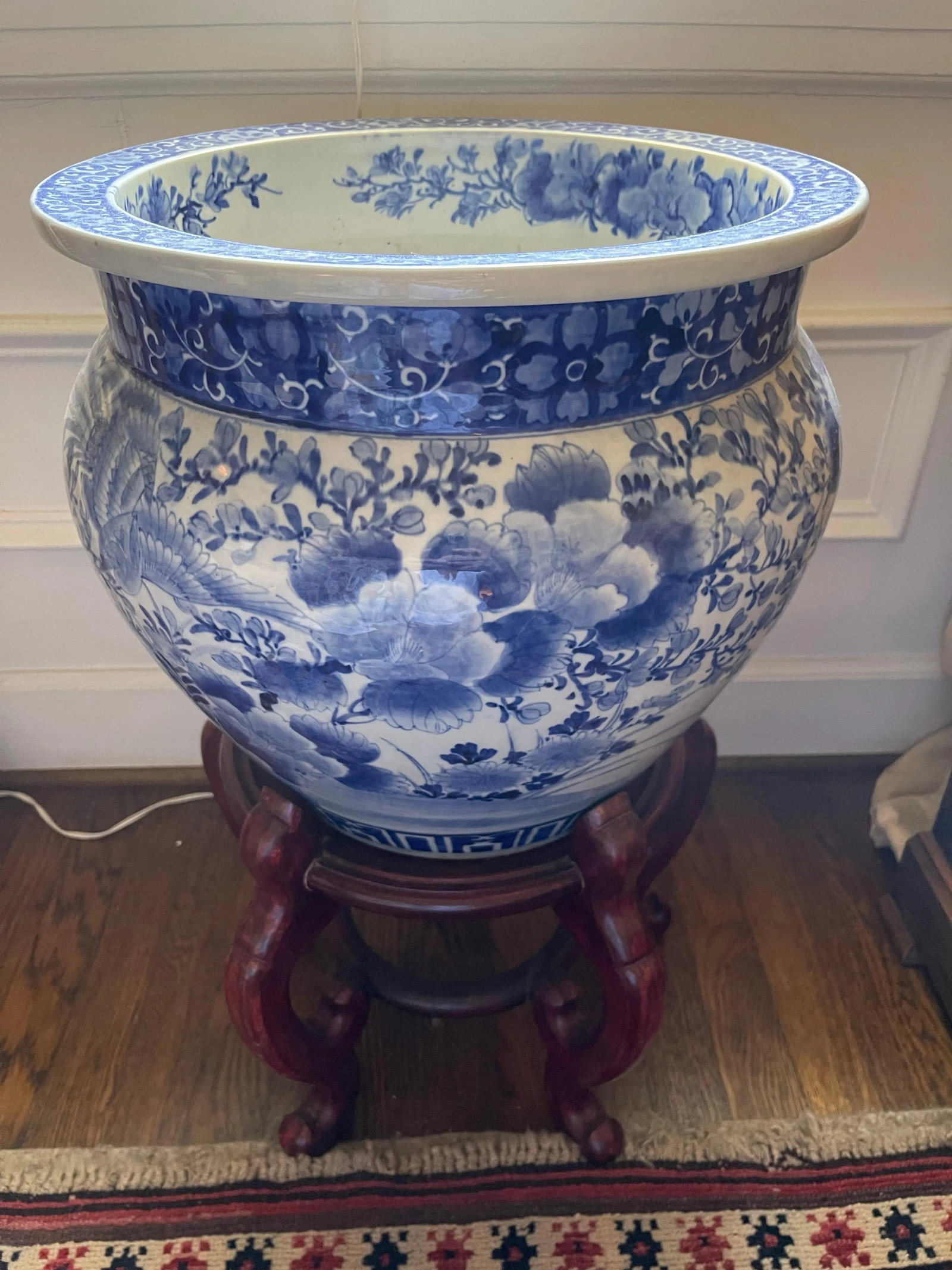 Antique Blue and White Chinese Planter on Wood Stand, 19th Century - 8