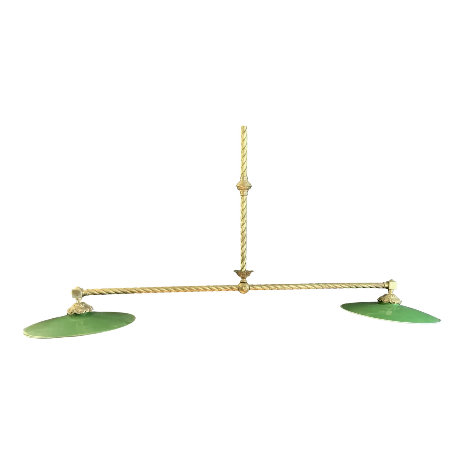 French Vintage Brass Double Pendant Ceiling Light Fixture With Green Enamel Shades: Linear two-light French lighting fixture with turned brass tubing and ornate escutcheon and connectors. With (2) green removable enamel covered metal shades, fixture is ideal for a kitchen island, bar