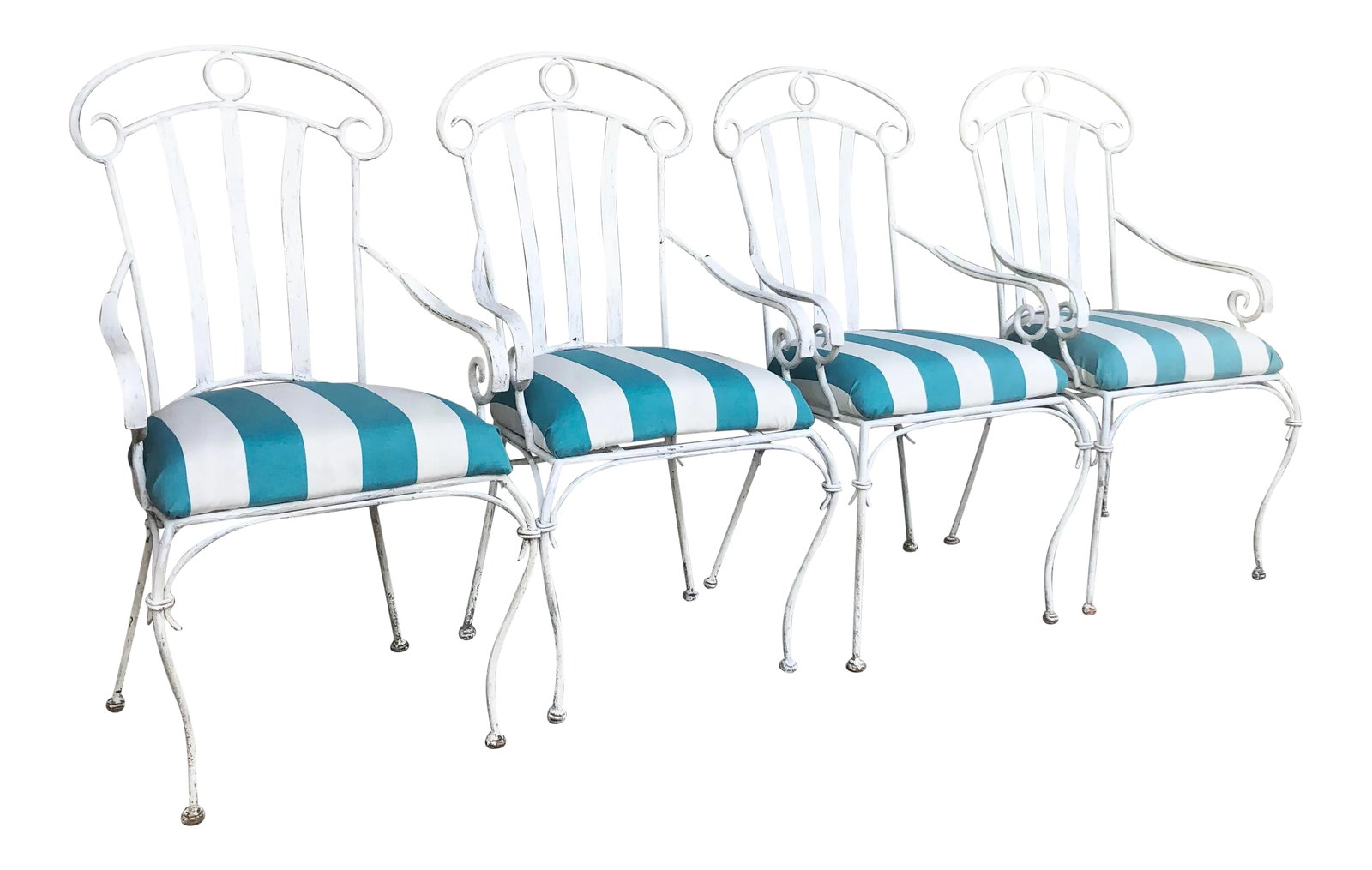 Iron Upholstered High-Back Lawn Chairs- Set of 4: Colorful and bright patio chairs, covered in turquoise and white stripe outdoor fabric. The chairs are heavy iron and have a bark-like design on the chairs. The maker is unknown. Good and very sturdy