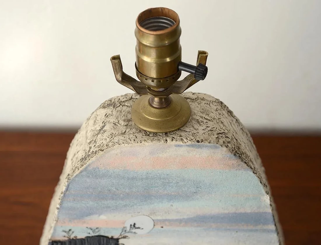 Vintage Studio Pottery Lamp With Bas Relief Landscape Design - 10