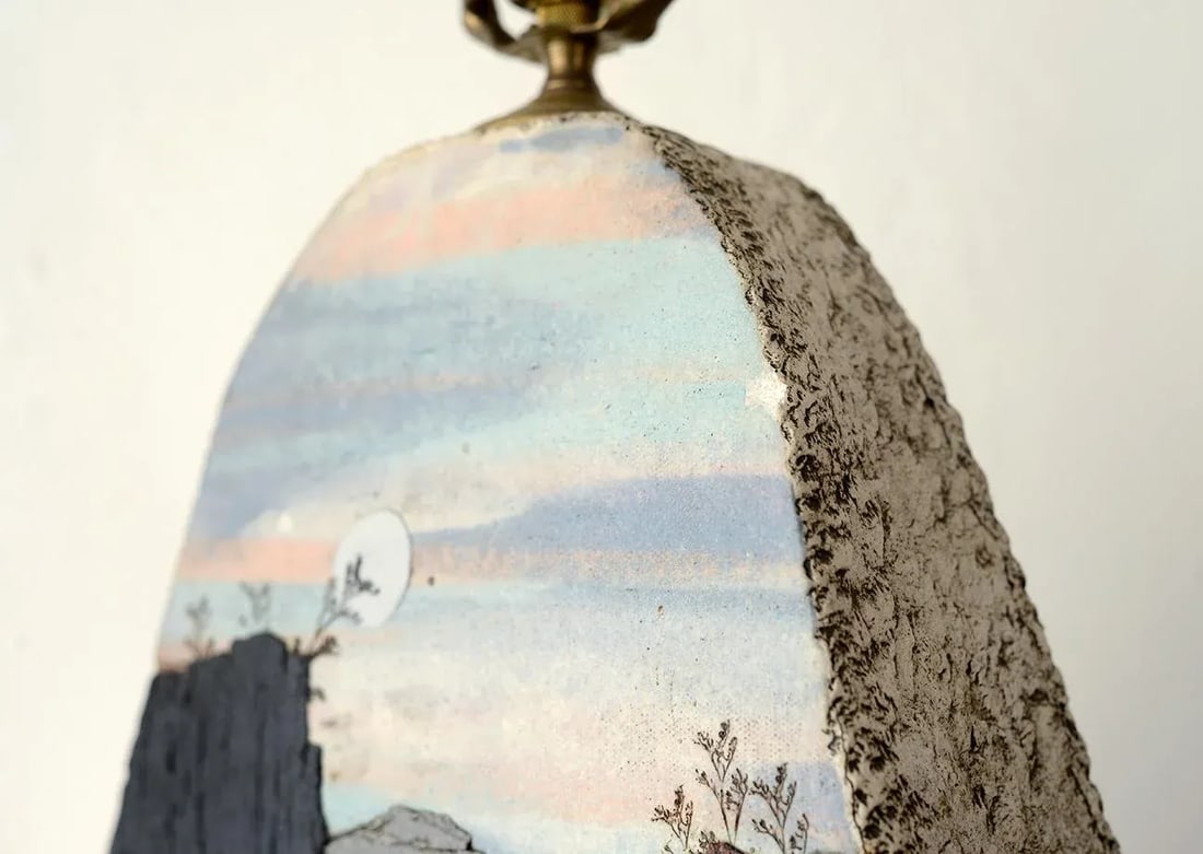 Vintage Studio Pottery Lamp With Bas Relief Landscape Design - 11