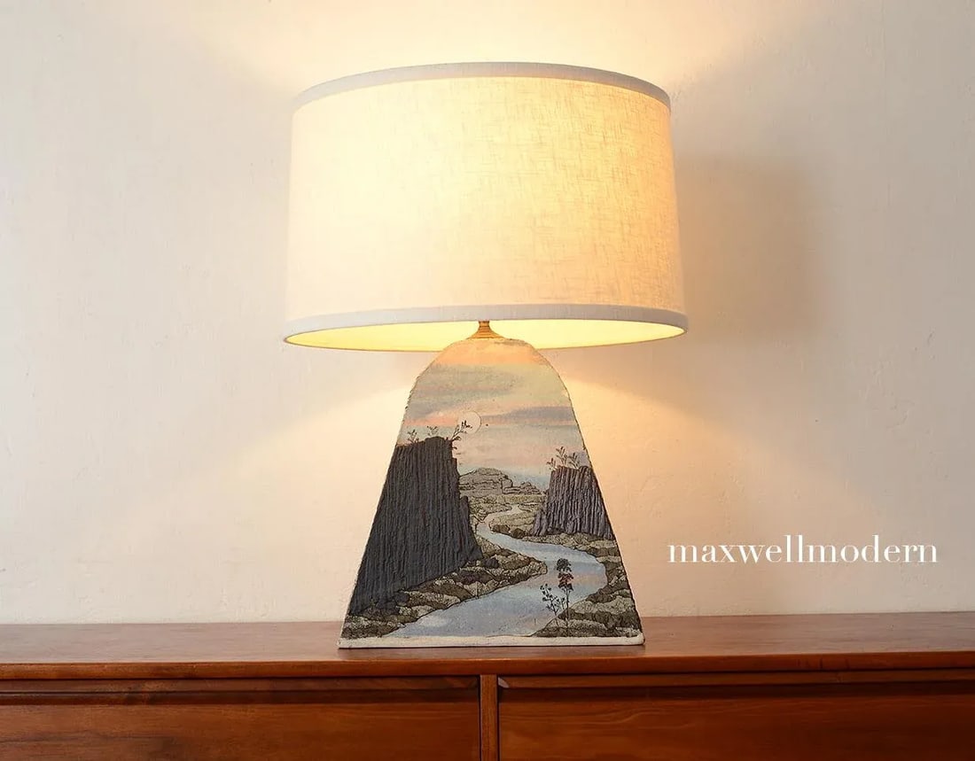 Vintage Studio Pottery Lamp With Bas Relief Landscape Design - 12
