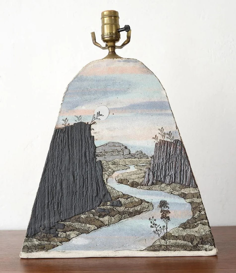 Vintage Studio Pottery Lamp With Bas Relief Landscape Design - 13