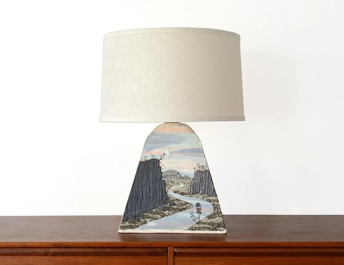 Vintage Studio Pottery Lamp With Bas Relief Landscape Design - 2