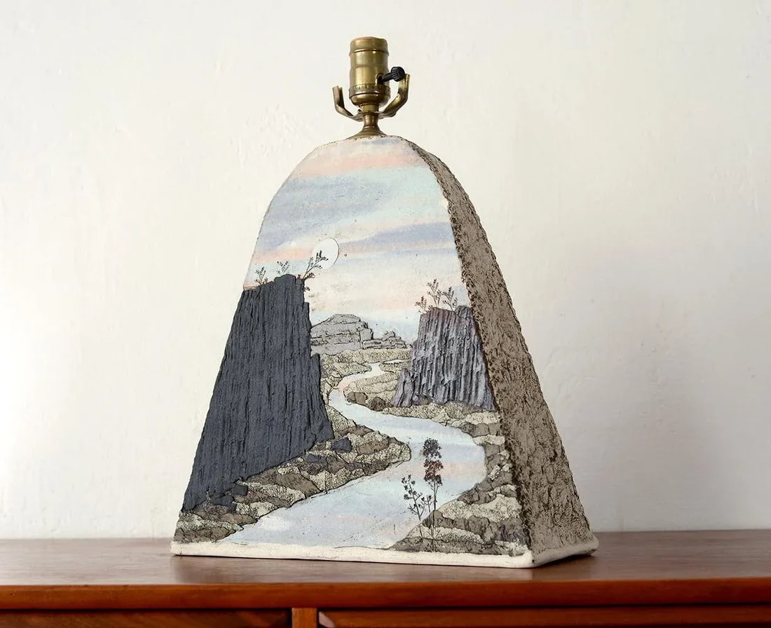 Vintage Studio Pottery Lamp With Bas Relief Landscape Design - 3