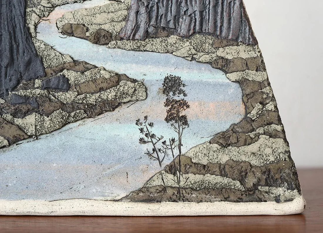 Vintage Studio Pottery Lamp With Bas Relief Landscape Design - 5