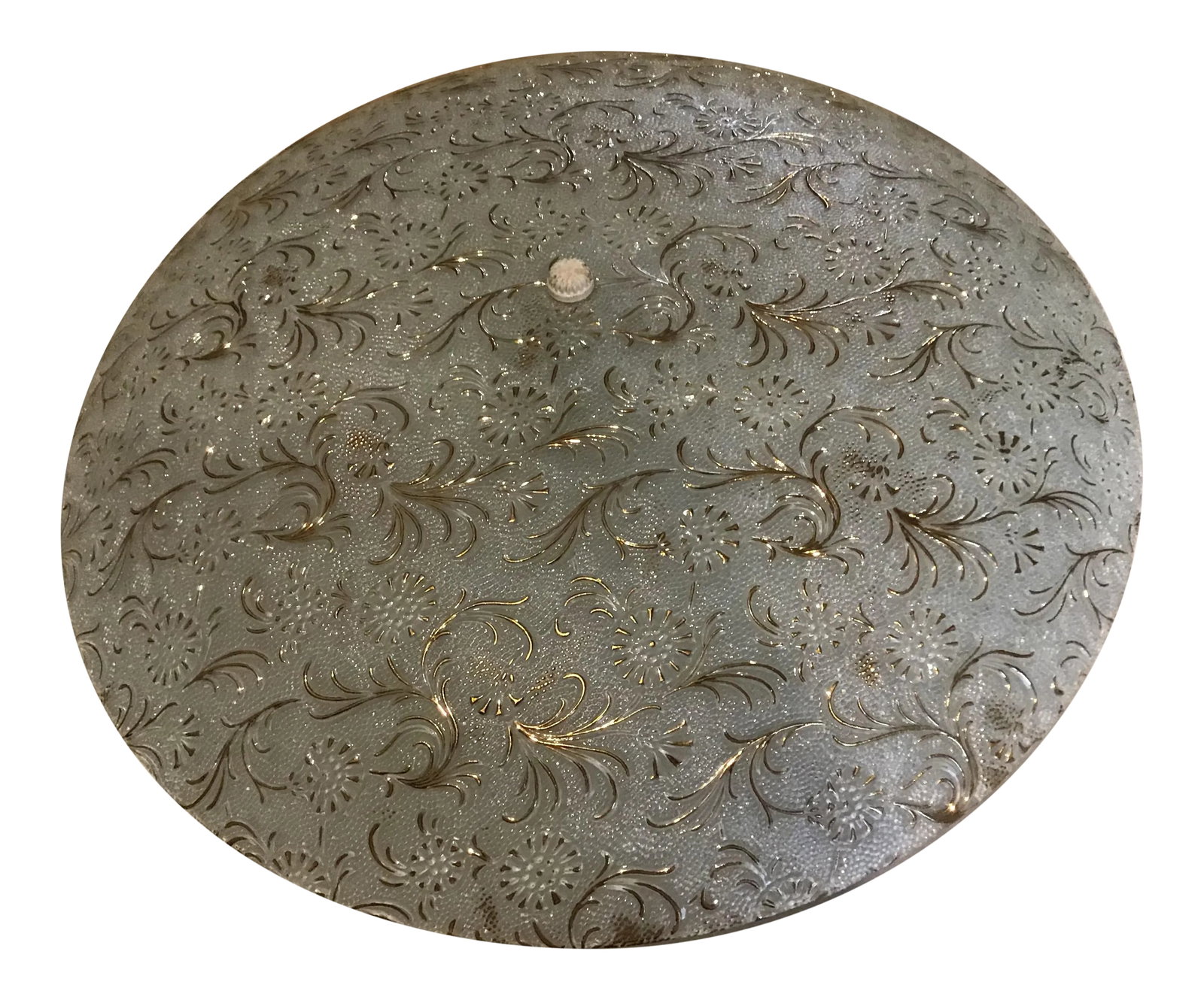 Mid Century Regency Starburst Gold White Ceiling Light: 20th century starburst gold embossed design on white. Great beautiful design on the ceiling in a larger glass shade. Thick glass Vintage. Beautiful condition Vintage Fixture may not be original. Worke