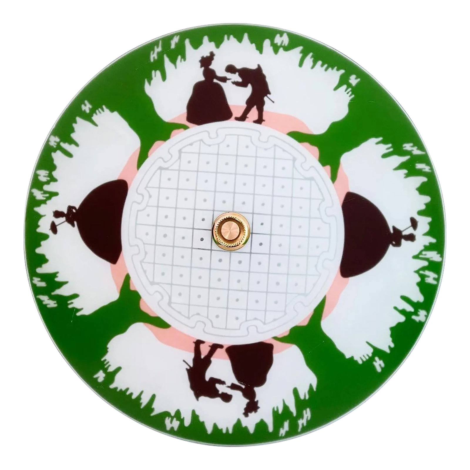 Figurative Flush Light, C1940: Gorgeous 'Gone With the Wind' style figurative flush mount light of frosted matte glass reverse painted in rich shades of chocolate brown, pink, and green with silhouetted couples and single ladies