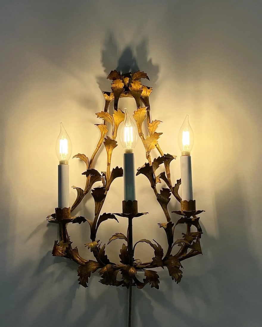 Pair of 1950 Italian Gilt Florentine Wall Sconces - 8