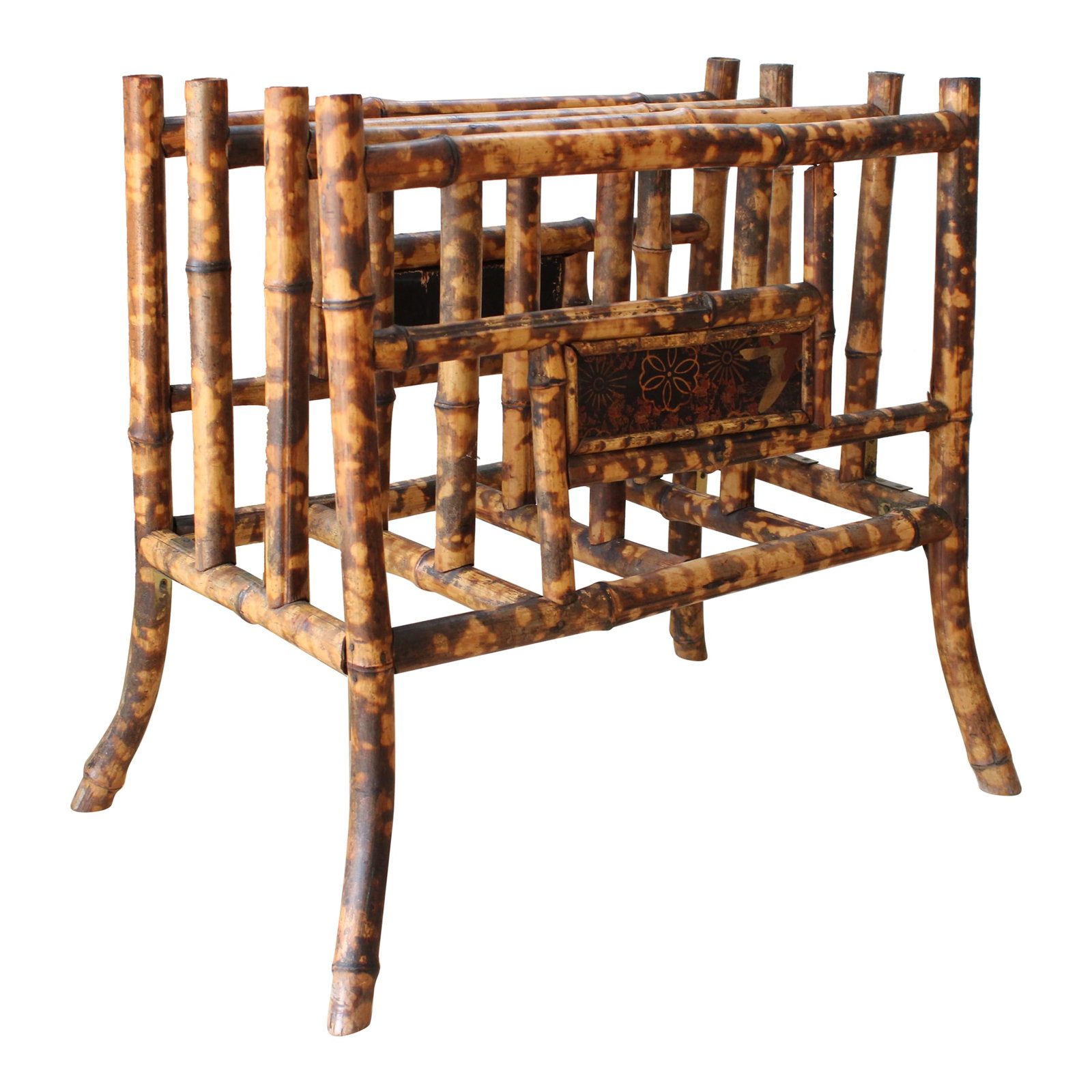 19th Century Chinoiserie Tortoise Magazine/Book Rack Holder: Antique Chinoiserie style carved tortoise bamboo magazine rack, Found in France. Wonderful stylish antique decorative panels in the Asian style., with splayed legs. This piece is an absolute stunner