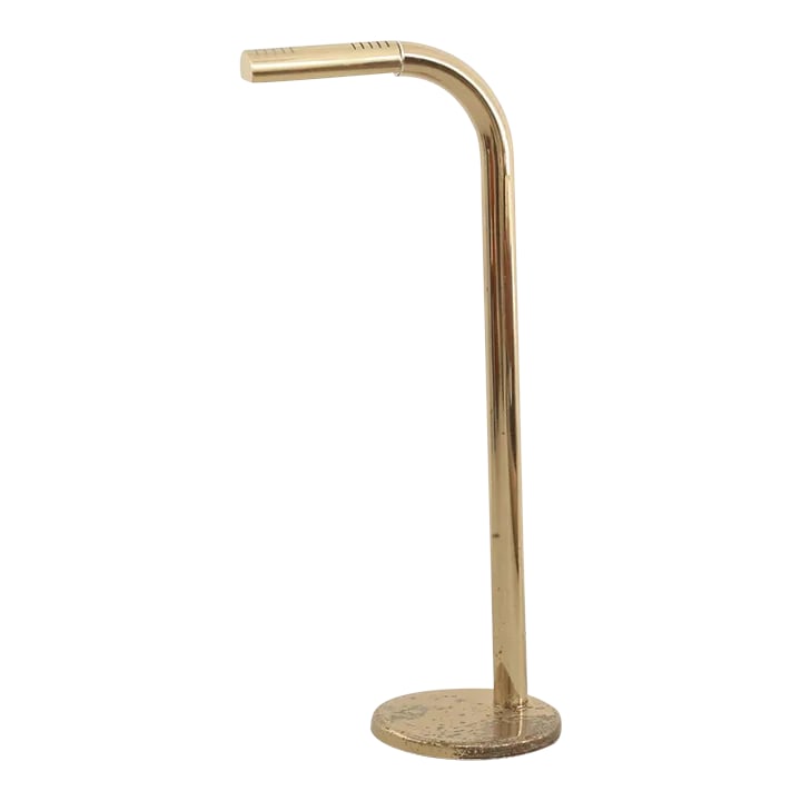 1970s Rainbow Brass Floor Lamp: 1970's tubular lamp in brass featuring a sleek elongated arm with directional moving shade. The shade also functions as a touch switch with three settings: off, dim, and bright. Designed by Jim