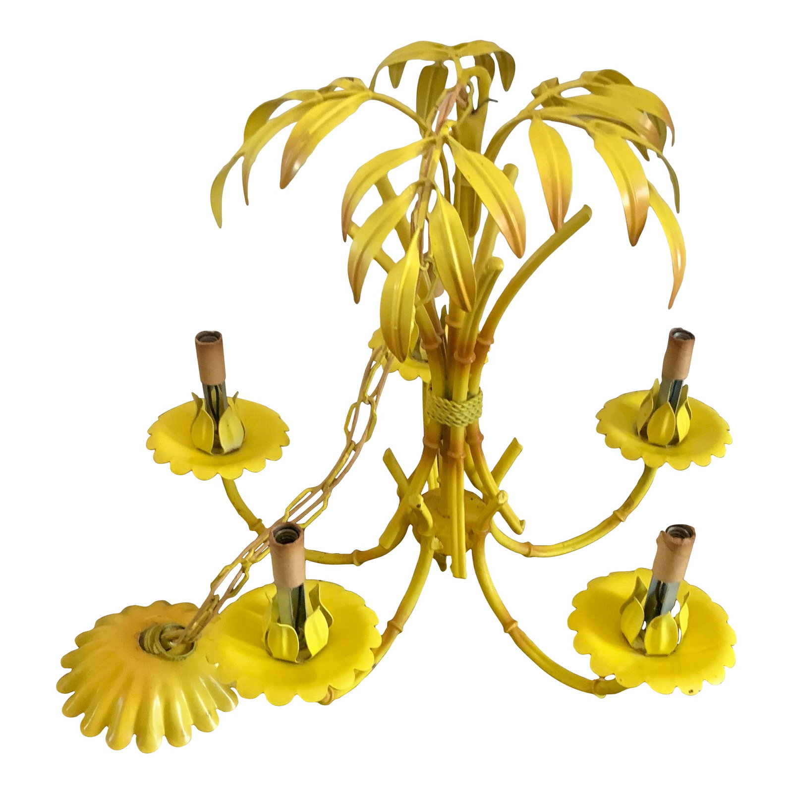 1960s Faux Bamboo French 5 Arm Chandelier: Stunning Palm Beach regency yellow faux bamboo 8 light chandelier. Has a 15 inch chain. Really a great show piece. Condition: Alterations: Original Condition Unaltered Imperfections: Some Imperfection