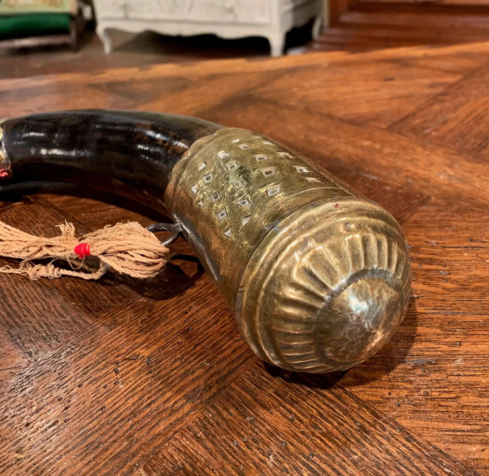 19th Century French Mounted Drinking Horn With Engraved Brass and Tassels - 3