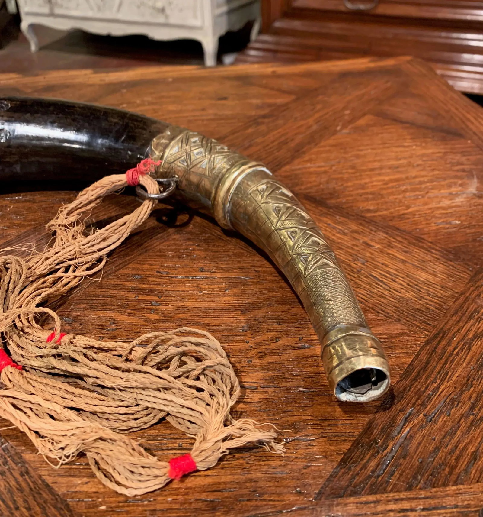 19th Century French Mounted Drinking Horn With Engraved Brass and Tassels - 5