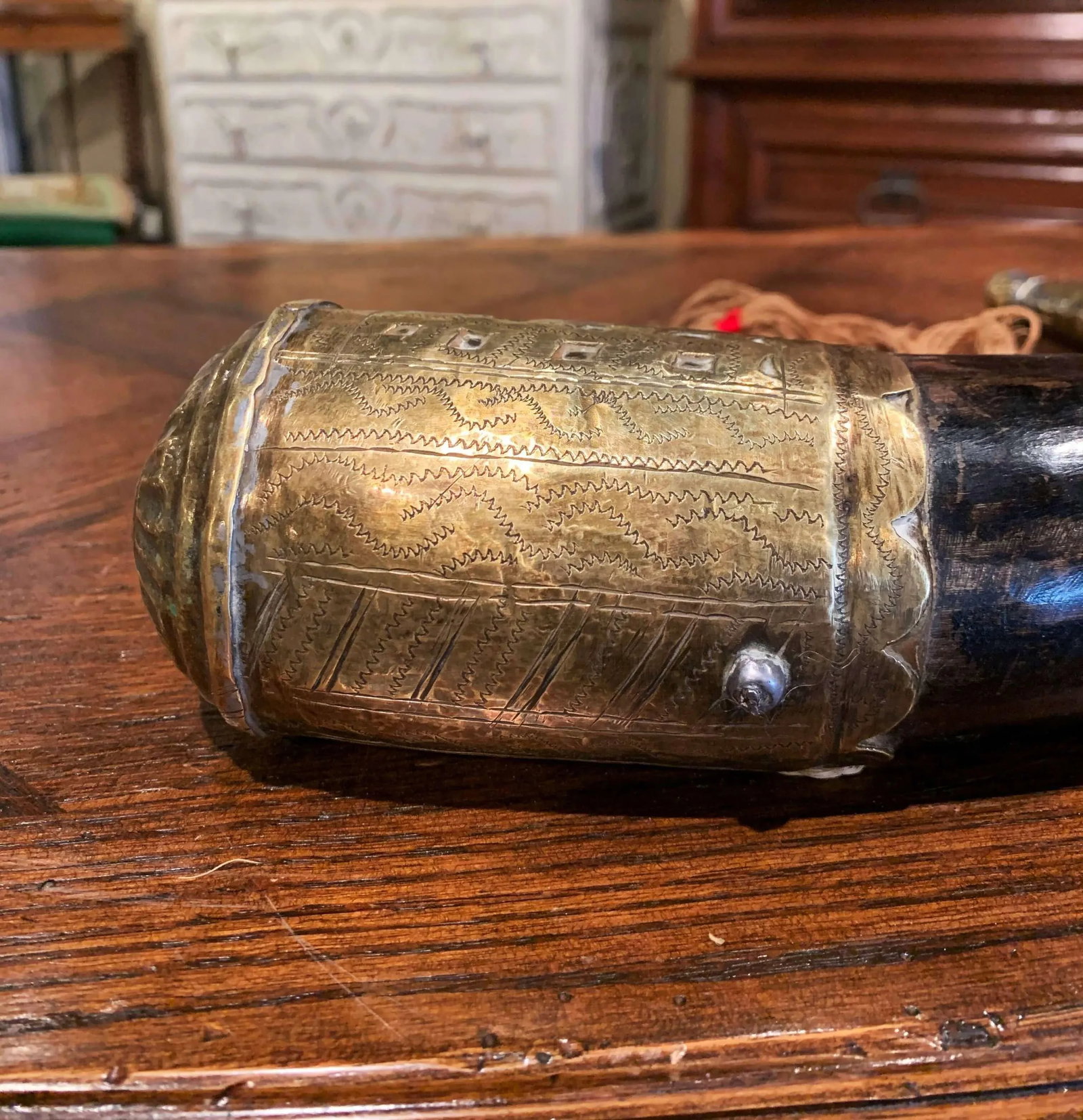 19th Century French Mounted Drinking Horn With Engraved Brass and Tassels - 8